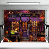 Aperturee - Aperturee Pumpkin Autumn Purple Candy Shop Halloween Backdrop